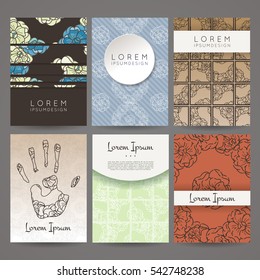 Set of vector design templates. Brochures in random flower style. Vintage frames and backgrounds. Business card with floral circle ornament.