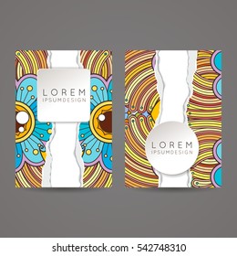 Set of vector design templates. Brochures in random colorful style. Frames and backgrounds. Zentangle designs.