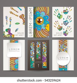 Set of vector design templates. Brochures in random colorful style. Frames and backgrounds. Zentangle designs.
