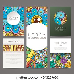 Set of vector design templates. Brochures in random colorful style. Frames and backgrounds. Zentangle designs.