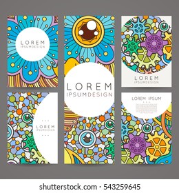 Set of vector design templates. Brochures in random colorful style. Frames and backgrounds. Zentangle designs.