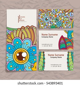 Set of vector design templates. Brochures in random colorful style. Frames and backgrounds. Zentangle designs.