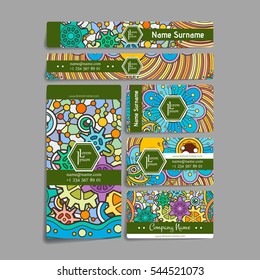 Set of vector design templates. Brochures in random colorful style. Frames and backgrounds. Zentangle designs.