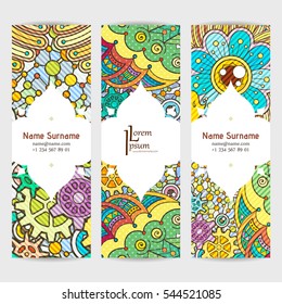 Set of vector design templates. Brochures in random colorful style. Frames and backgrounds. Zentangle designs.