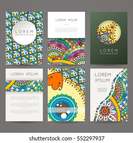 Set of vector design templates. Brochures in random colorful style. Frames and backgrounds. Zentangle designs.