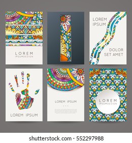 Set of vector design templates. Brochures in random colorful style. Frames and backgrounds. Zentangle designs.