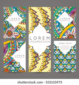 Set of vector design templates. Brochures in random colorful style. Frames and backgrounds. Zentangle designs.