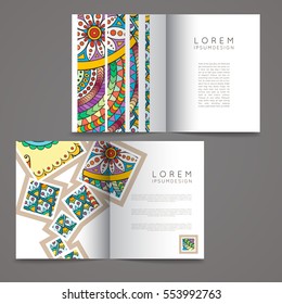 Set of vector design templates. Brochures in random colorful style. Frames and backgrounds. Zentangle designs.