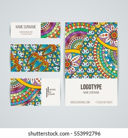 Set of vector design templates. Brochures in random colorful style. Frames and backgrounds. Zentangle designs.