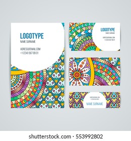 Set of vector design templates. Brochures in random colorful style. Frames and backgrounds. Zentangle designs.