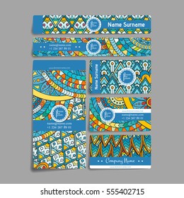 Set of vector design templates. Brochures in random colorful style. Frames and backgrounds. Zentangle designs.