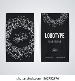 Set of vector design templates. Brochures in random flower style. Vintage frames and backgrounds. Business card with floral circle ornament.