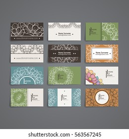 Set of vector design templates. Brochures in random flower style. Vintage frames and backgrounds. Business card with floral circle ornament.