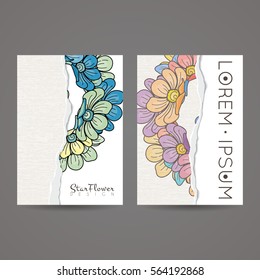Set of vector design templates. Brochures in random flower style. Vintage frames and backgrounds. Business card with floral circle ornament.