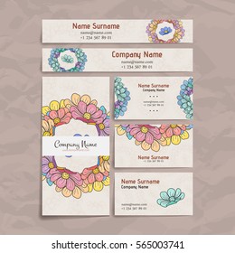 Set of vector design templates. Brochures in random flower style. Vintage frames and backgrounds. Business card with floral circle ornament.