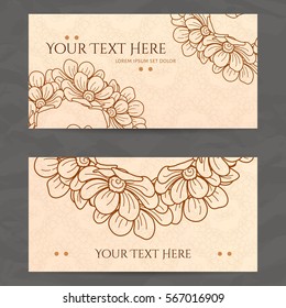 Set of vector design templates. Brochures in random flower style. Vintage frames and backgrounds. Business card with floral circle ornament.