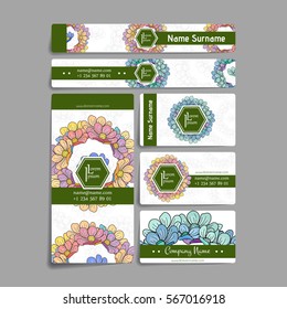 Set of vector design templates. Brochures in random flower style. Vintage frames and backgrounds. Business card with floral circle ornament.