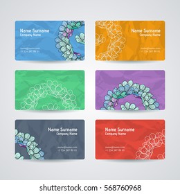 Set of vector design templates. Brochures in random flower style. Vintage frames and backgrounds. Business card with floral circle ornament.