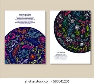 Set of vector design templates. Brochures in random flower style. Vintage frames and backgrounds. Business card with floral circle ornament.