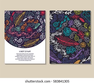 Set of vector design templates. Brochures in random flower style. Vintage frames and backgrounds. Business card with floral circle ornament.
