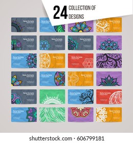 Set of vector design templates. Brochures in random colorful style. Vintage frames and backgrounds. Business card with floral circle ornament. Mandala style.