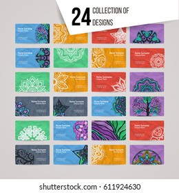 Set of vector design templates. Brochures in random colorful style. Vintage frames and backgrounds. Business card with floral circle ornament. Mandala style.