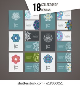 Set of vector design templates. Brochures in random colorful style. Vintage frames and backgrounds. Business card with floral circle ornament and doodle elements. Mandala style.