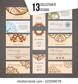 Set of vector design templates. Brochures in random colorful style. Vintage frames and backgrounds. Business card with floral circle ornament. Mandala style.