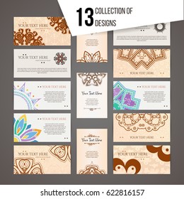 Set of vector design templates. Brochures in random colorful style. Vintage frames and backgrounds. Business card with floral circle ornament. Mandala style.