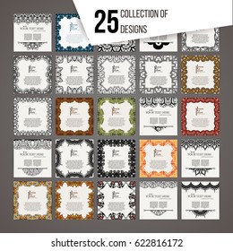 Set of vector design templates. Brochures in random colorful style. Vintage frames and backgrounds. Business card with floral circle ornament. Mandala style.