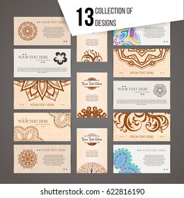 Set of vector design templates. Brochures in random colorful style. Vintage frames and backgrounds. Business card with floral circle ornament. Mandala style.