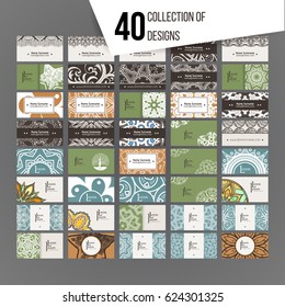 Set of vector design templates. Brochures in random colorful style. Vintage frames and backgrounds. Business card with floral circle ornament. Mandala style.