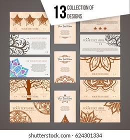Set of vector design templates. Brochures in random colorful style. Vintage frames and backgrounds. Business card with floral circle ornament. Mandala style.