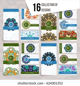 Set of vector design templates. Brochures in random colorful style. Vintage frames and backgrounds. Business card with floral circle ornament. Mandala style.
