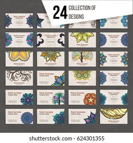 Set of vector design templates. Brochures in random colorful style. Vintage frames and backgrounds. Business card with floral circle ornament. Mandala style.