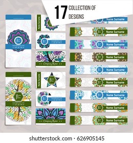 Set of vector design templates. Brochures in random colorful style. Vintage frames and backgrounds. Business card with floral circle ornament. Mandala style.