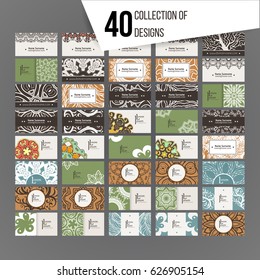 Set of vector design templates. Brochures in random colorful style. Vintage frames and backgrounds. Business card with floral circle ornament. Mandala style.