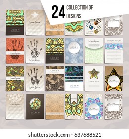 Set of vector design templates. Brochures in random colorful style. Vintage frames and backgrounds. Business card with floral circle ornament and doodle elements. Mandala style.