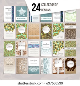 Set of vector design templates. Brochures in random colorful style. Vintage frames and backgrounds. Business card with floral circle ornament and doodle elements. Mandala style.
