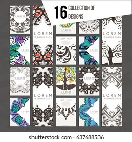 Set of vector design templates. Brochures in random colorful style. Vintage frames and backgrounds. Business card with floral circle ornament and doodle elements. Mandala style.