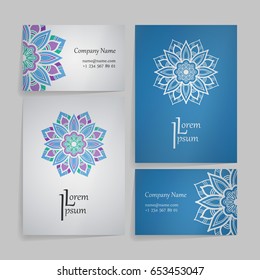 Set of vector design templates. Business card with floral circle ornament. Mandala style.