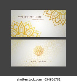 Set of vector design templates. Business card with floral circle ornament. Mandala style. Luxury Gold