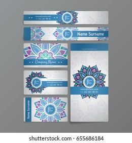 Set of vector design templates. Business card with floral circle ornament. Mandala style.