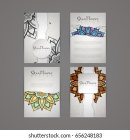 Set of vector design templates. Business card with floral circle ornament. Mandala style. Torn paper