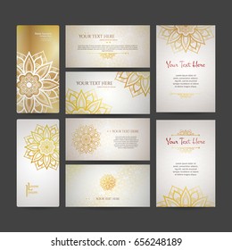 Set of vector design templates. Business card with floral circle ornament. Mandala style. Luxury Gold