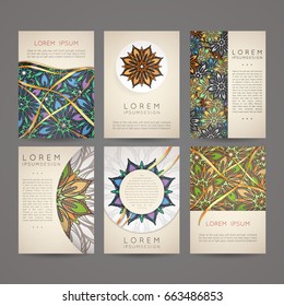 Set of vector design templates. Business card with floral circle ornament. Mandala style. Luxury gold.