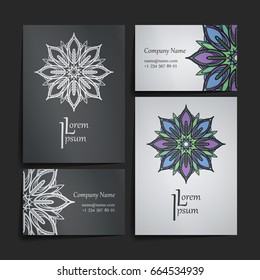 Set of vector design templates. Business card with floral circle ornament. Mandala style.
