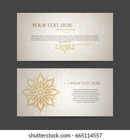 Set of vector design templates. Business card with floral circle ornament. Mandala style. Luxury gold.
