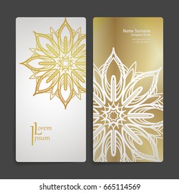 Set of vector design templates. Business card with floral circle ornament. Mandala style. Luxury gold.