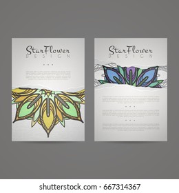 Set of vector design templates. Business card with floral circle ornament. Mandala style. Torn paper.
